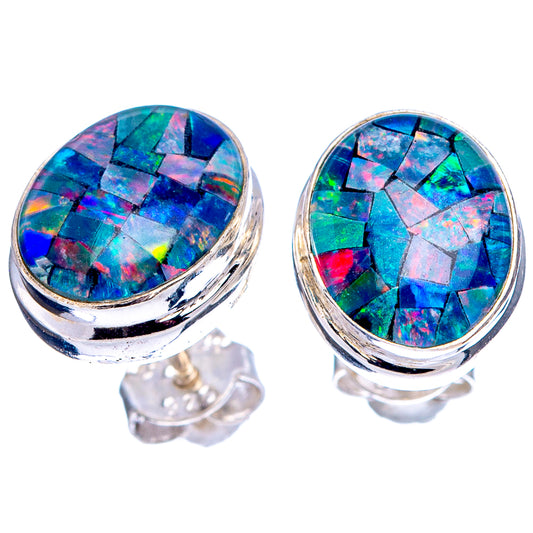 Round opal mosaic stud earrings, .925 sterling silver posts and bezel, multicolor iridescent