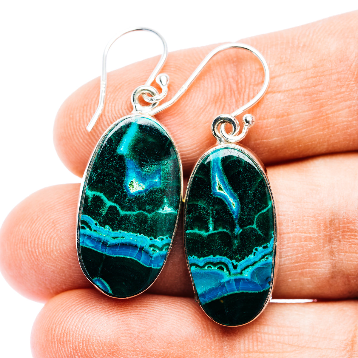Premium Malachite In Chrysocolla Earrings 1 1/2" (.925 Sterling Silver)