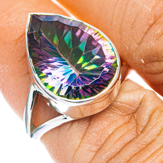 Sterling silver teardrop mystic topaz ring with faceted rainbow gemstone centerpiece