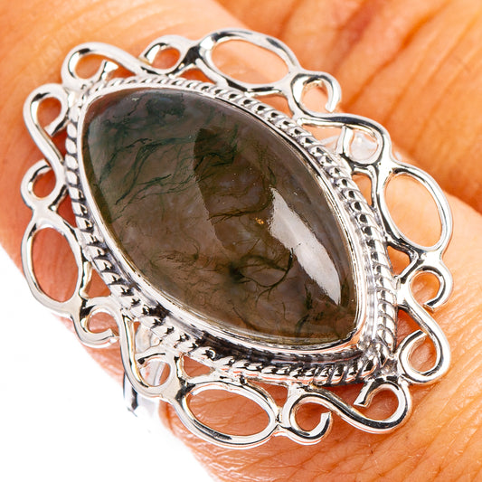 Oval moss agate ring with .925 sterling silver filigree bezel, dark green stone