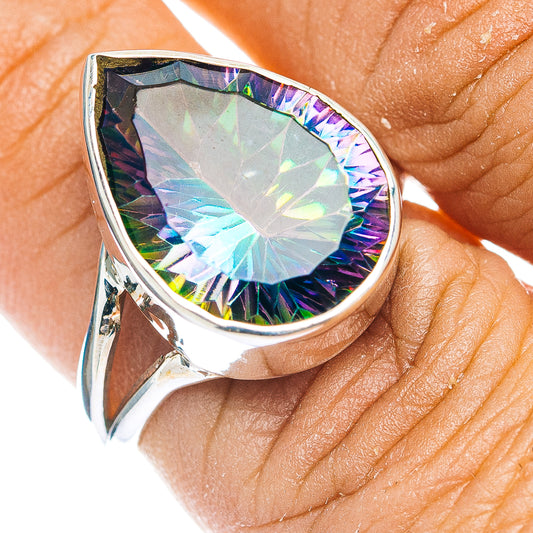 Teardrop mystic topaz style ring in .925 sterling silver with rainbow facets