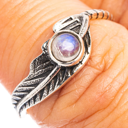 Sterling silver feather ring with iridescent oval moonstone, size 6.75