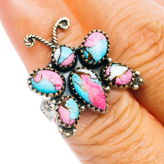 Southwestern butterfly ring with pink and turquoise stone cabochons, sterling silver band