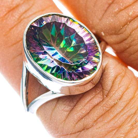 Sterling silver oval faceted mystic topaz ring with rainbow prismatic gemstone, size 7.75