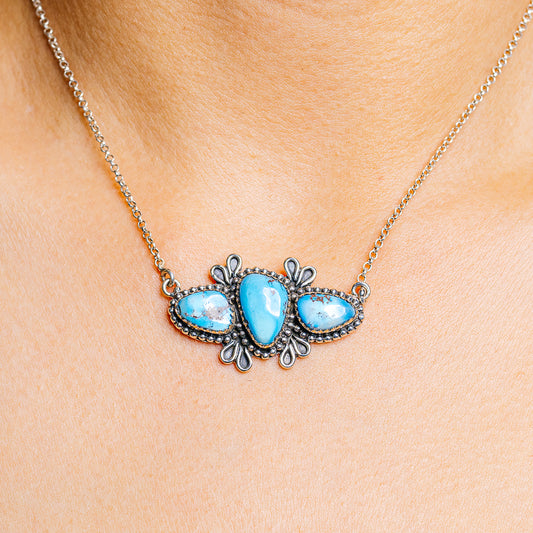 Sterling silver turquoise pendant necklace with oval stones and link chain