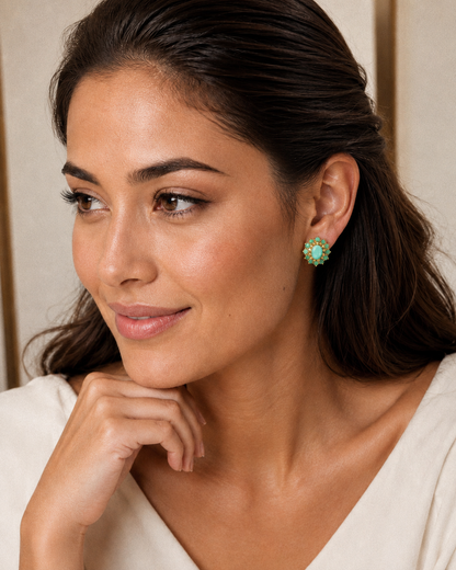 Emerald, White Topaz Floral Cluster Earrings 5/8" (.925 Sterling Silver) 24k Gold Plated