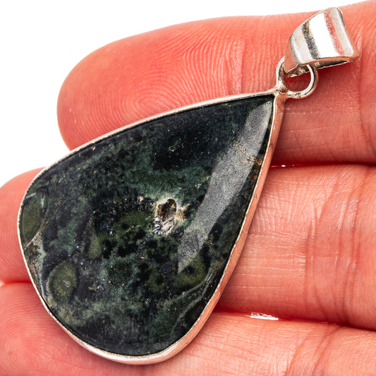Silver-plated teardrop jasper pendant with dark green stone and top bail loop
