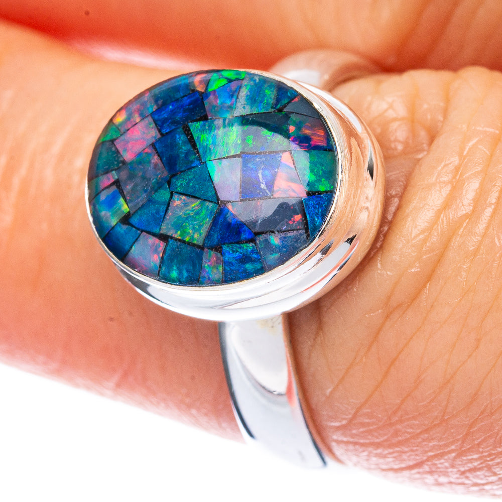 Sterling silver opal triplet ring with oval blue-green mosaic in bezel, size 6.75
