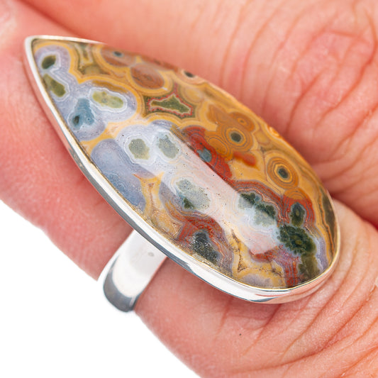 Large Premium Ocean Jasper Ring Size 5.5 Adjustable (.925 Sterling Silver)