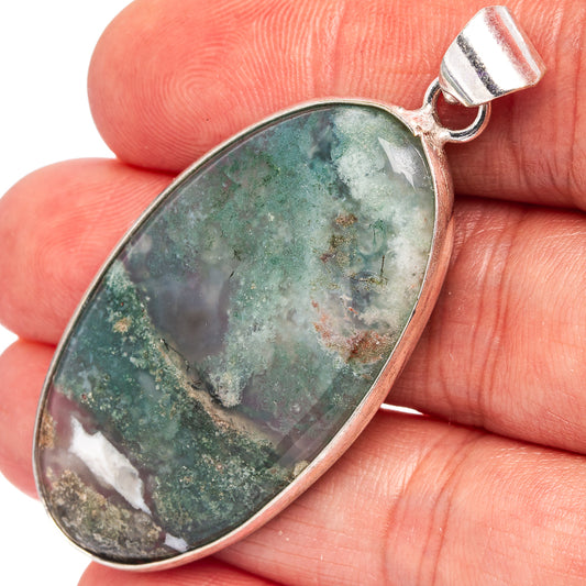 Oval green moss agate pendant with silver-plated bail and top loop