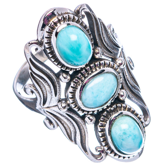 Rare larimar ring with three oval blue stones and engraved .925 silver filigree