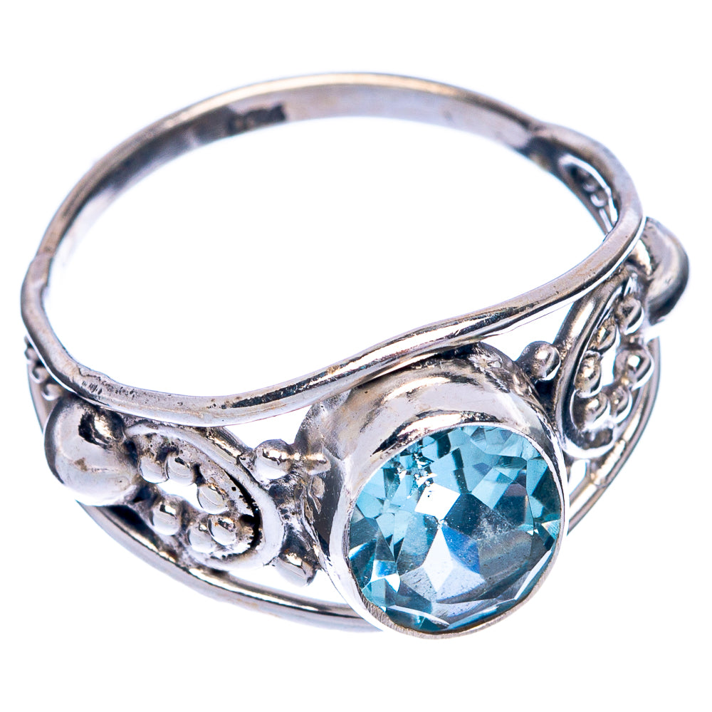 Blue topaz dainty ring with round blue stone and detailed 925 sterling silver band