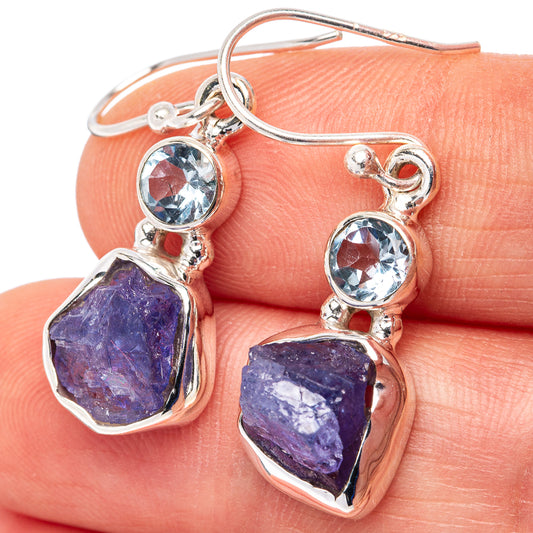 Sterling silver dangle earrings with round blue topaz and rough purple-blue stones