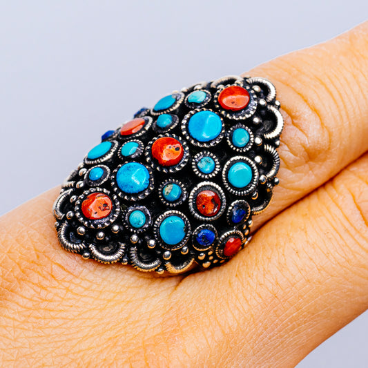 Tibetan Made Vintage Turquoise, Red Coral, Lapis Lazuli Ring Size 10 (.925 Sterling Silver)