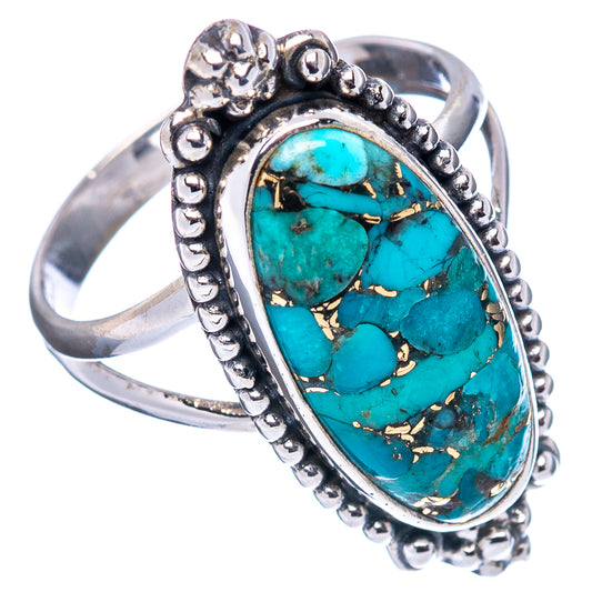 Size 7 turquoise inlay sterling silver ring, oval stone with ornate beaded frame