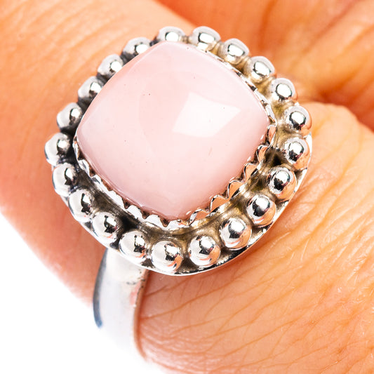 Pink opal sterling silver ring, round pink gemstone bezel, size 7.5