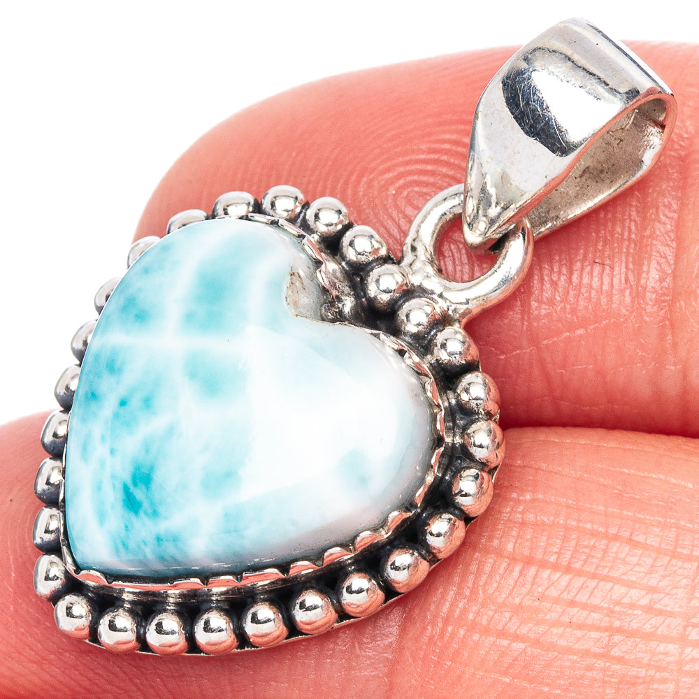 Larimar heart pendant in 925 sterling silver, round bead border and hinged bail