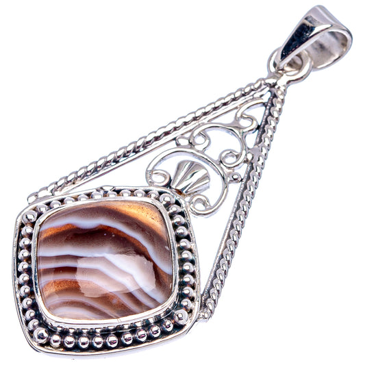 Banded Botswana agate pendant in .925 sterling silver with ornate oval-square frame