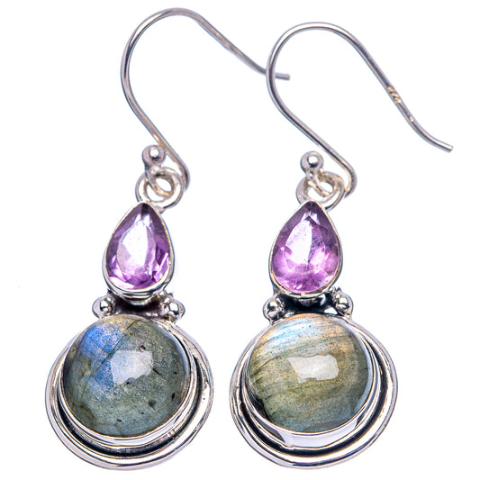 Sterling silver drop earrings featuring labradorite domes with purple teardrops