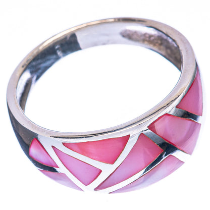 Sterling silver ring with pink geometric inlay pattern, mother-of-pearl style