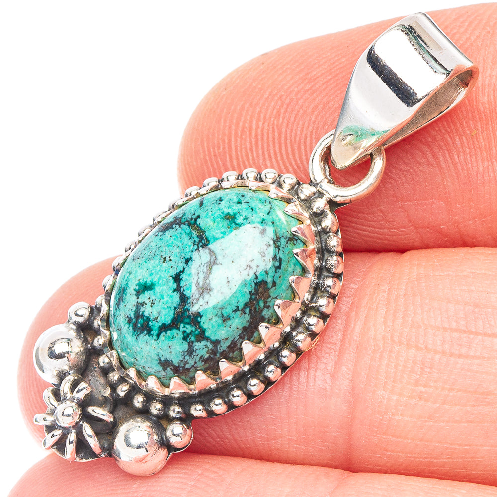 Oval Arizona turquoise pendant with silver bezel and ornate border, 925 sterling silver