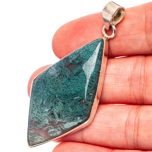 Green moss agate teardrop pendant in .925 sterling silver bezel, top bail