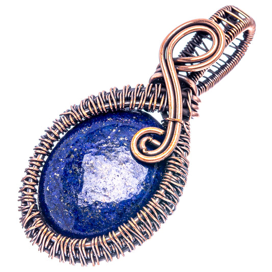 Oxidized copper wire-wrapped lapis lazuli teardrop pendant, spiral bail and loops