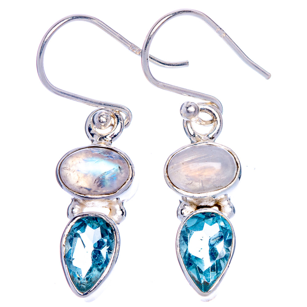Rainbow Moonstone, Blue Topaz Earrings 1 3/8" (925 Sterling Silver) E1031