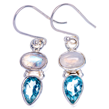 Rainbow Moonstone, Blue Topaz Earrings 1 3/8" (925 Sterling Silver) E1031