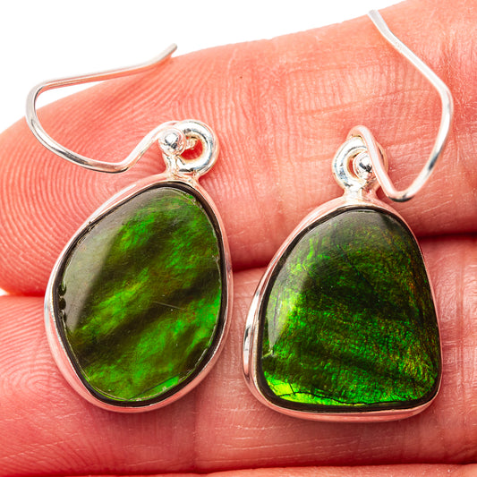 Sterling silver ammolite drop earrings with green oval stone and fishhook backs
