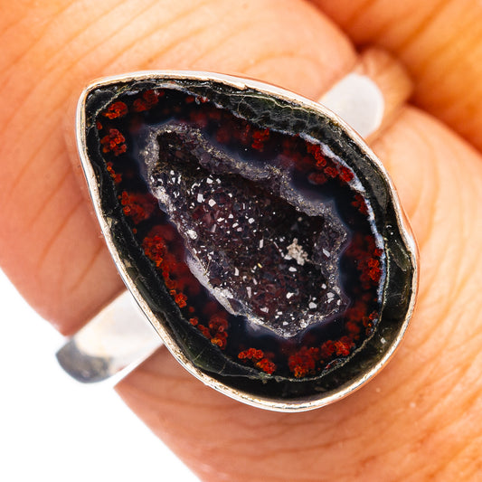 Sterling silver drusy ring with black center and red speckled druzy edge