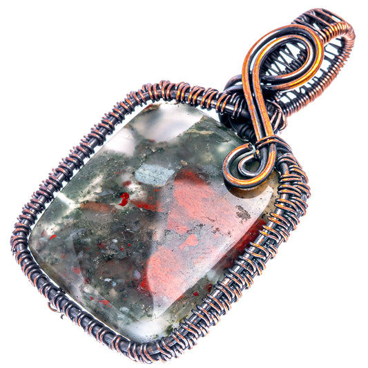 Oxidized copper wire-wrap pendant with teardrop bloodstone cabochon, full view