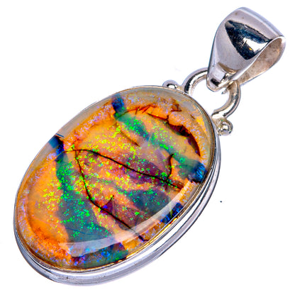 Oval opal pendant in sterling silver bezel with metal bail, fiery orange and blue-green pattern