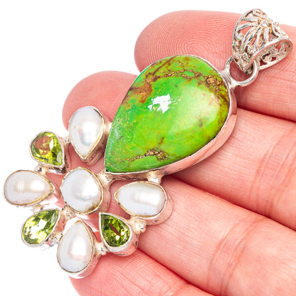 Green Copper Composite Turquoise, Peridot, Cultured Pearl Pendant 2 1/4" (925 Sterling Silver) P40107