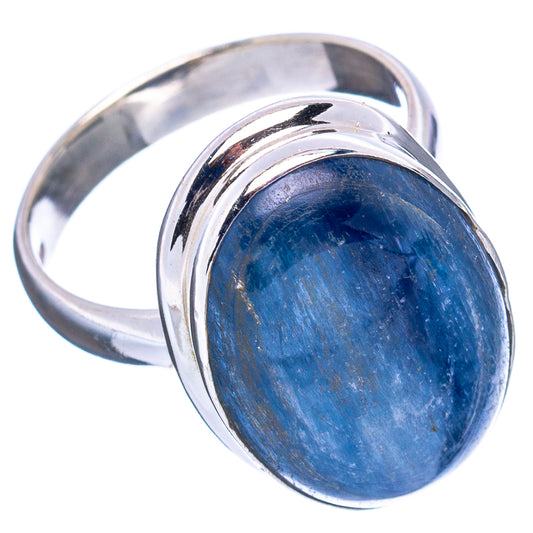 Sterling silver ring with oval blue kyanite cabochon, round bezel setting
