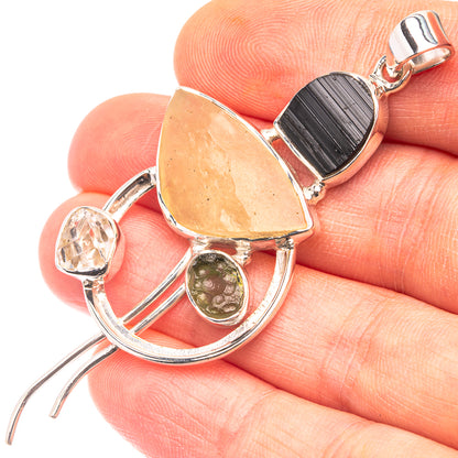 Signature Libyan Desert Glass, Black Tourmaline, Herkimer Diamond, Czech Moldavite Pendant 2 5//8" (925 Sterling Silver) P38724