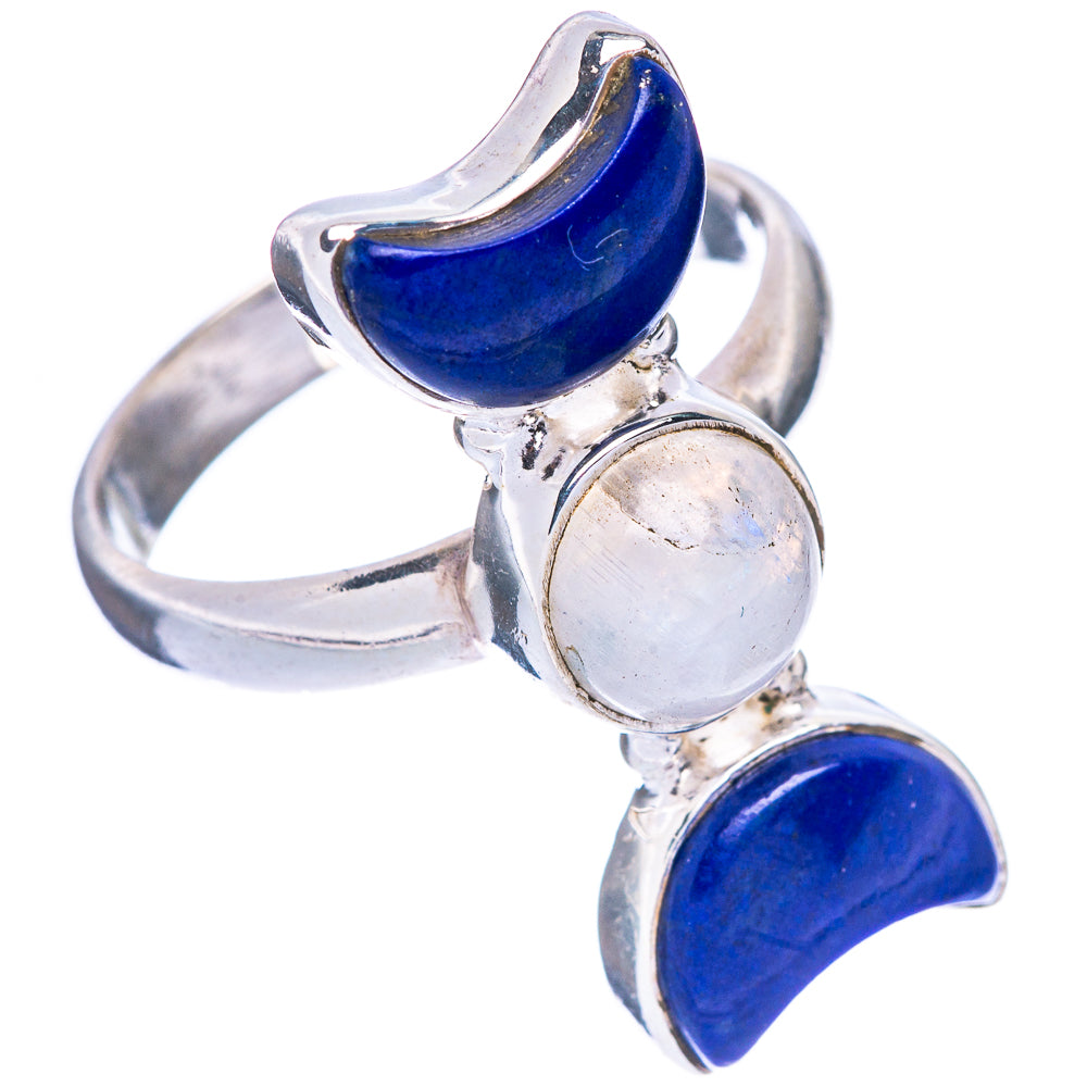 Rainbow Moonstone, Lapis Lazuli Moon Ring Size 8.75 (925 Sterling Silver) R146747
