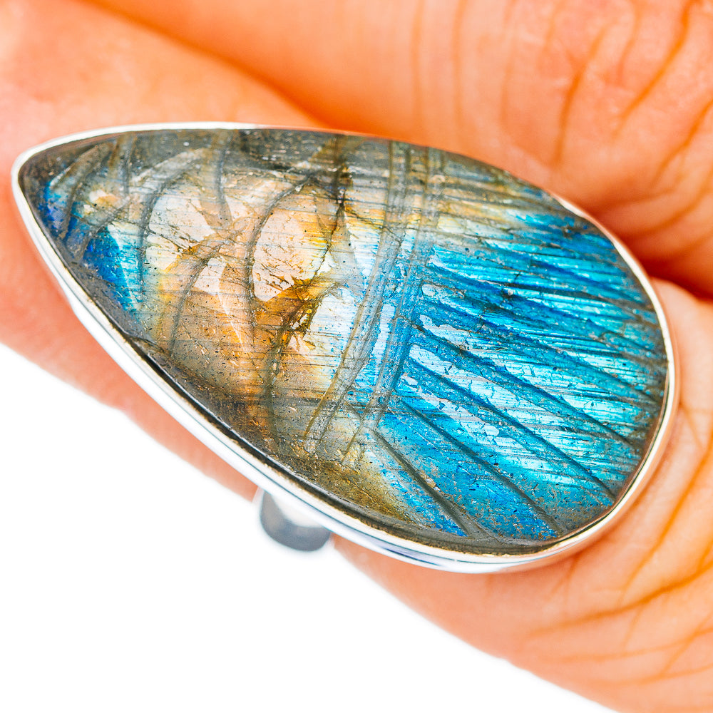 Premium Hand Carved Labradorite Ring Size 6 Adjustable (.925 Sterling Silver)