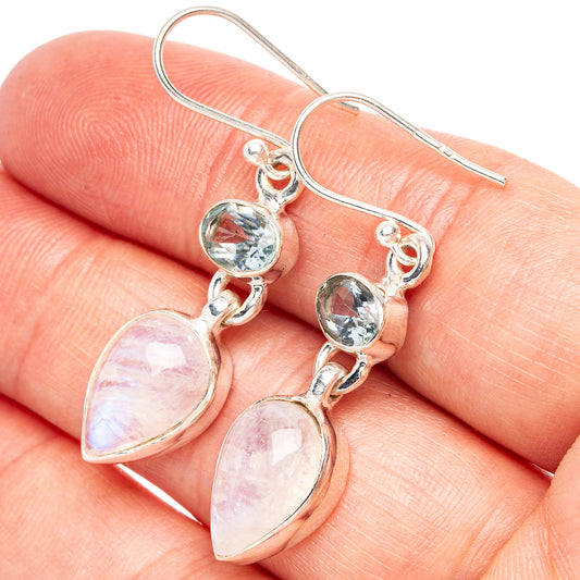 Rainbow Moonstone, Blue Topaz 925 Sterling Silver Earrings 1 5/8" (925 Sterling Silver) E2109