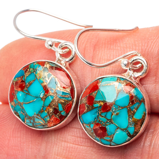 Turquoise matrix coral drop earrings in .925 sterling silver, round bezel with hooks