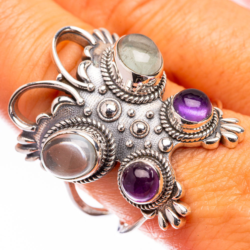 Sterling silver statement ring with oval aquamarine and 2 purple amethyst stones, size 9.75