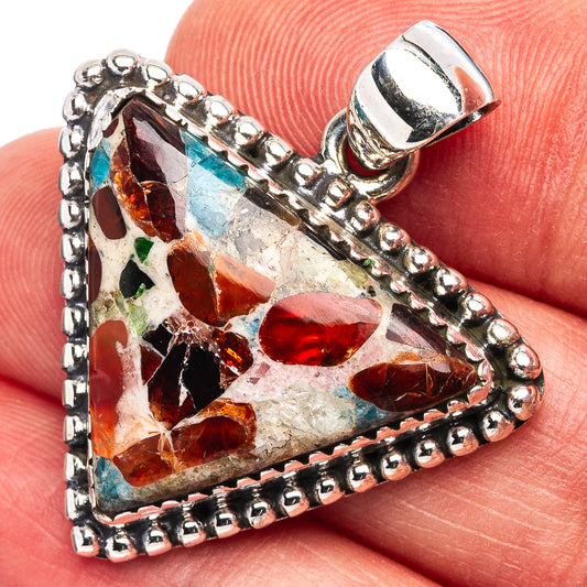 Sterling silver tourmaline matrix pendant, triangular multicolor gemstone with bead border.
