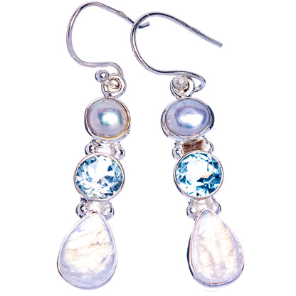Rainbow Moonstone, Blue Topaz, Cultured Pearl Earrings 1 5/8" (925 Sterling Silver) E433532