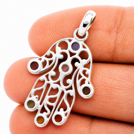 Chakra Hamsa Pendant 1 3/8" (.925 Sterling Silver)