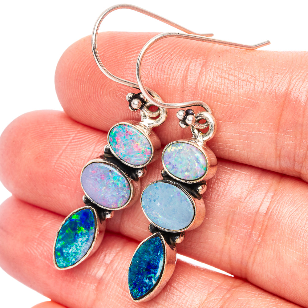 Sterling silver opal drop earrings with five oval blue opal doublets, hook backs
