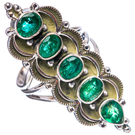 Silver emerald ring with five green bezel-set ovals, scalloped gallery, size 7.75