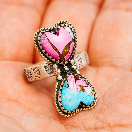 Southwestern heart turquoise and pink gemstone ring with bead and twist detail
