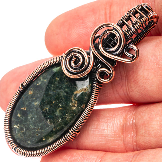 Ocean jasper teardrop wire-wrapped pendant with oxidized copper coils and spirals