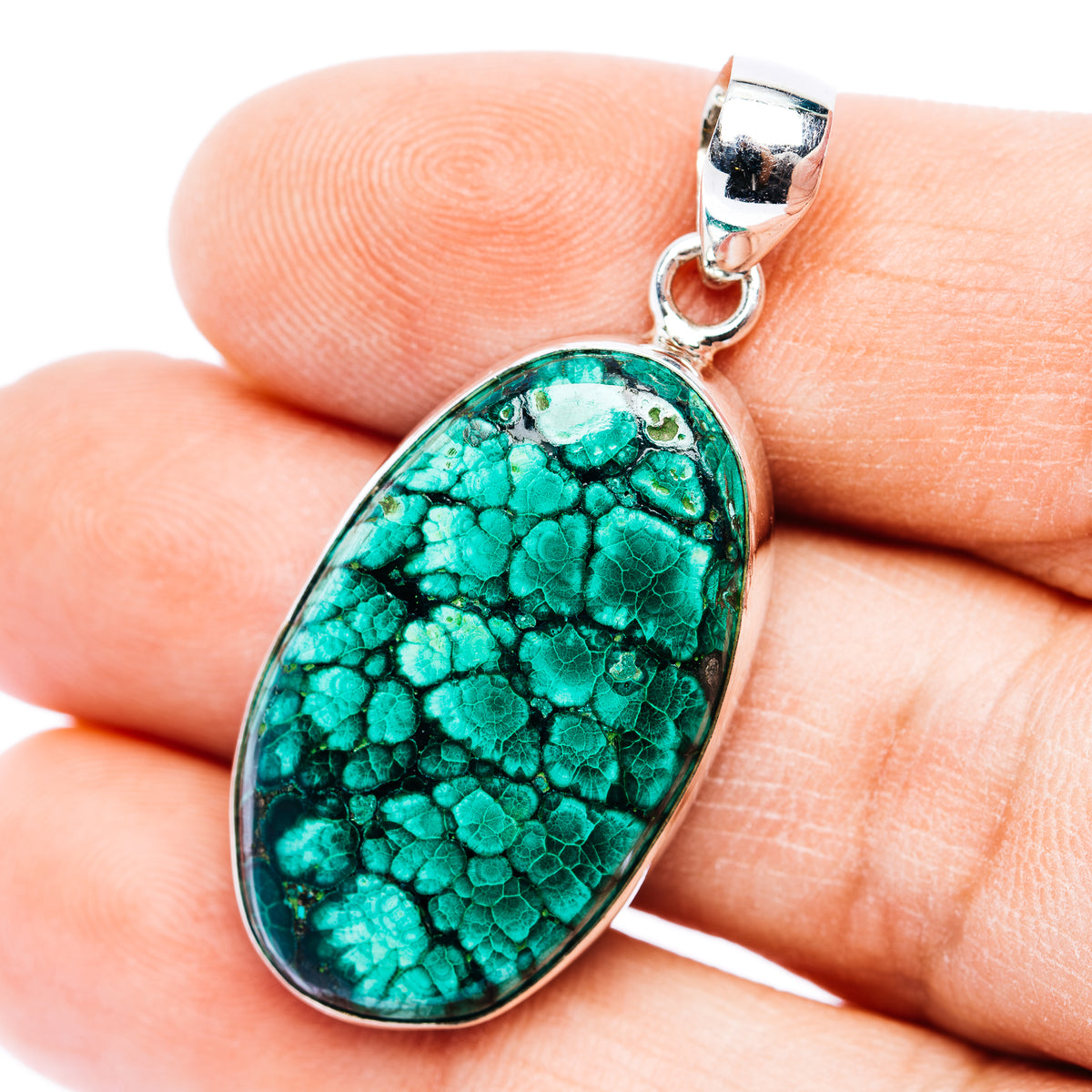 Premium Flower Malachite Pendant 1 5/8" (.925 Sterling Silver)