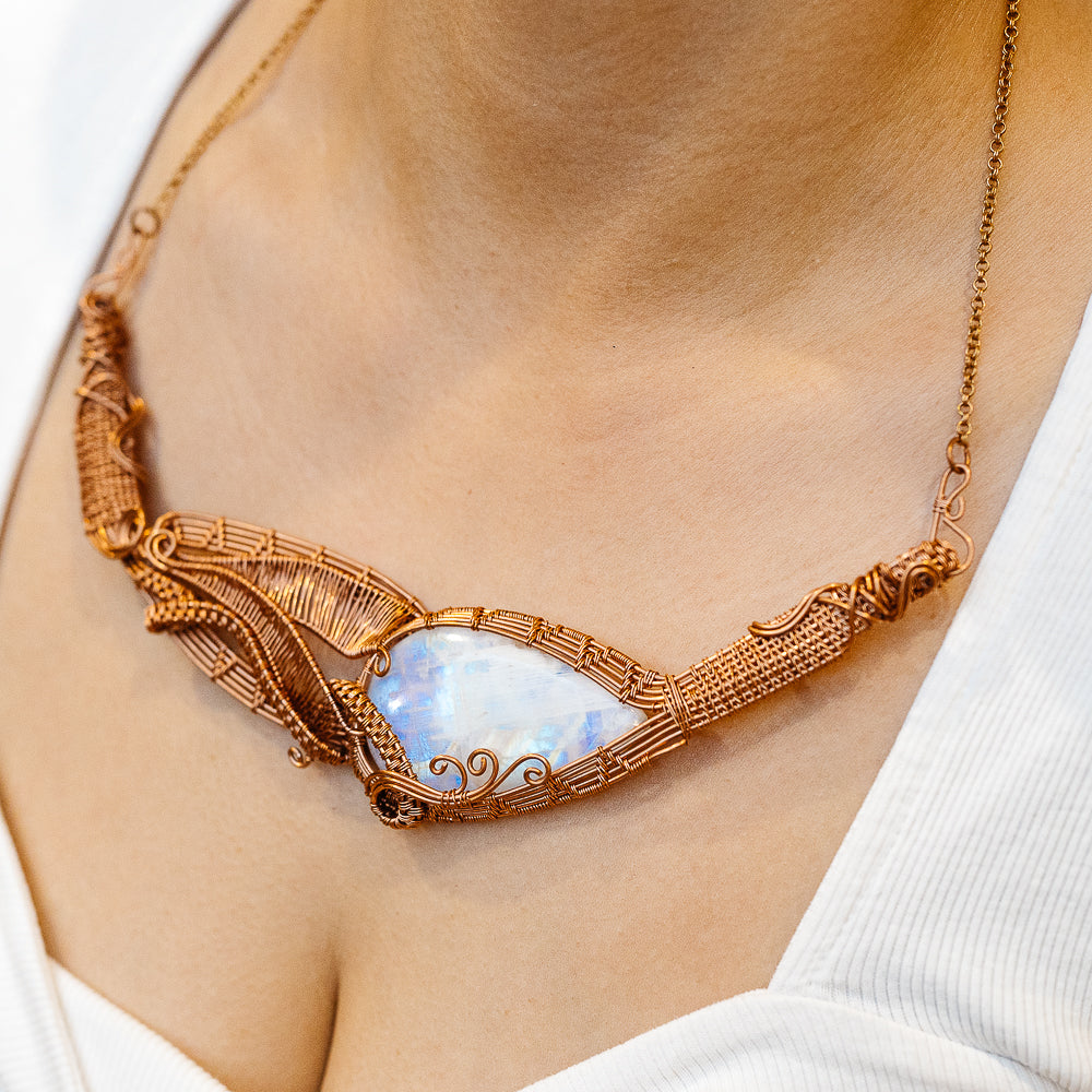 Rainbow Moonstone Wire Wrap Necklace (Copper)